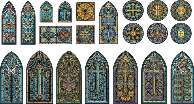 Stained Glass Church Windows and Rose Window Set Gothic Cathedral Religious Mosaic Vector Illustration Collection