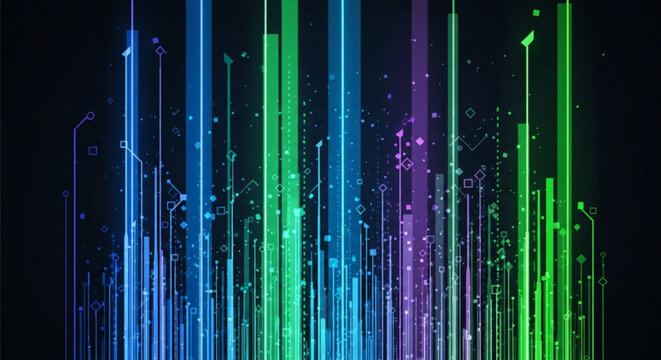 Vibrant multicolored sound wave bars in blue green and purple on a dark background conveying energy and music technology