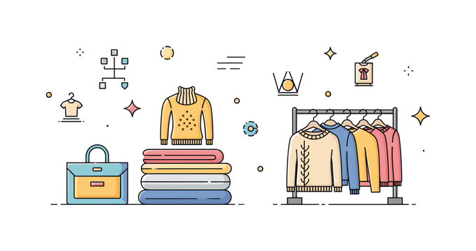 Sweater wardrobe arrangement concept where sweaters are neatly stacked or hung while small sparkle and line icons emphasize organization, clothing care, and