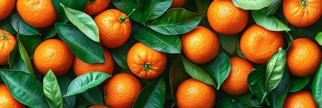 Vibrant Mandarins with Shiny Peel and Lush Green Leaves in a Fresh, Colorful Display Arrangement