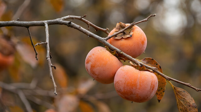 Persimmons with powdered surface hanging from tree branch, against a warm autumn background. Common Asian fruit perfect for snacking time and good for health