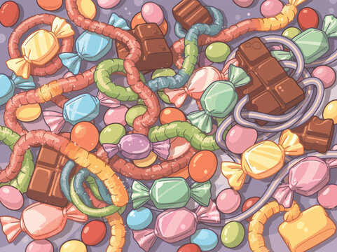 A colorful candy background with gummies, chocolate pieces, citrus slices, and assorted sweet treats