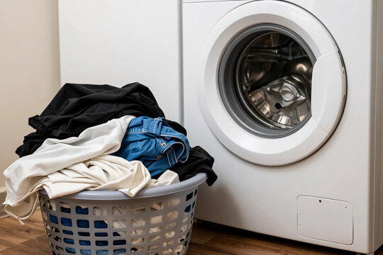 Piles of laundry in the basket and the washing machine are placed close to each other.