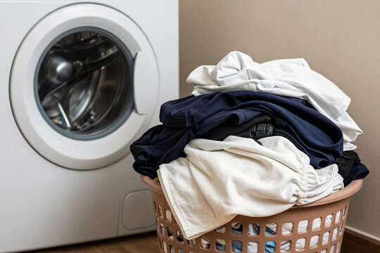 Piles of laundry in the basket and the washing machine are placed close to each other.