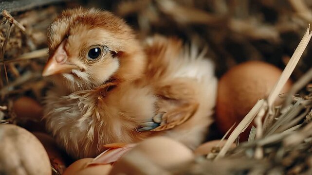 Little chicken explores nest filled with brown eggs during spring season in cozy barn setting