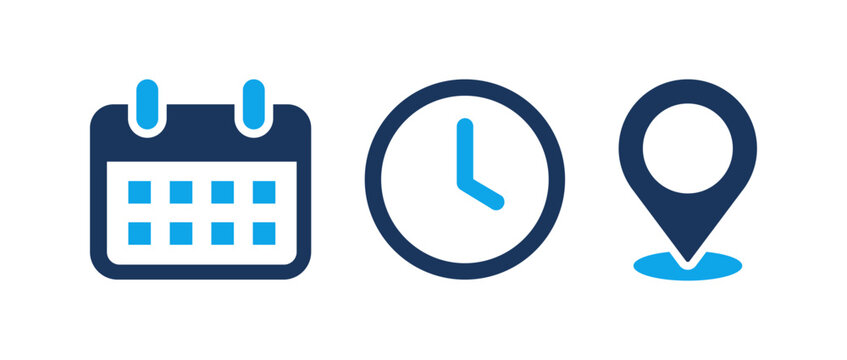 Calendar, clock, and location map pin icon set. Blue flat vector business symbols for time, date, and address representing meeting agendas, event schedules, appointment reminders, and UI design.