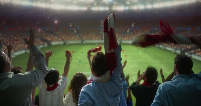Back View of Diverse Soccer Supporters Celebrating in a Packed Stadium, Lifting Scarves and Victory Props as Confetti Falls During a World Championship Match Field. Warm Cinematic Theme