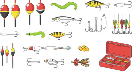 Flat vector illustration of fishing lures and colorful tackle hooks including fish bait bobbers and lures for outdoor sport fishing. © Mst Fateha Begum