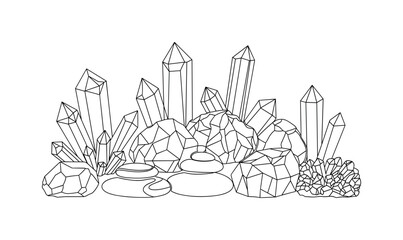 Naklejka premium Mineral Display. Minimalistic one-line drawing crystals, rocks, and stones in collection, continuous single black line on white background, simple outline