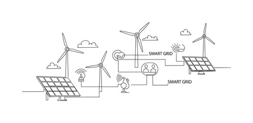 Fototapeta premium Renewable Energy Integration. Minimalistic one-line drawing solar panels, wind turbines, and smart grid connections, continuous single black line on white