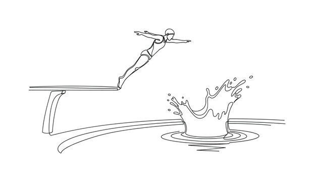 Diving into Success. Minimalistic one-line drawing person jumping off diving board into pool with splash, continuous single black line on white background,