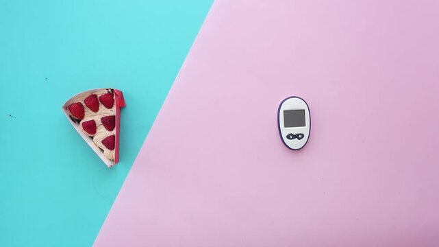Sweet strawberry dessert slice next to blood glucose meter and lancet device.