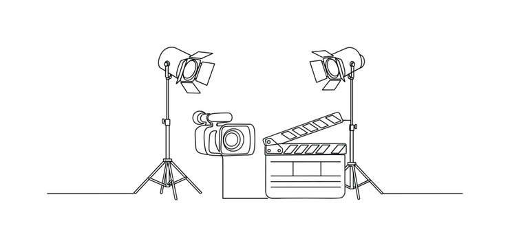 Video Production. Minimalistic one-line drawing camera, lights, and clapperboard arranged on set, continuous single black line on white background, simple