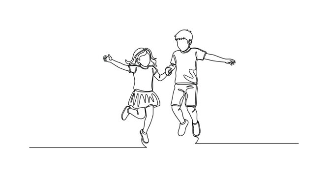 Sibling Fun. Minimalistic one-line drawing brother and sister jumping and playing, continuous single black line on white background, simple outline style, no