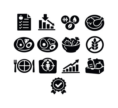 Diet Meal Planning. Solid icon set of Diet Meal Planning: diet plan document, calorie deficit chart, macro nutrients icons, low carb plate, keto meal plate,