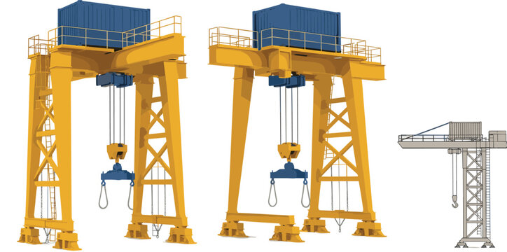 Container Crane Set with Industrial Port Gantry Cranes Heavy Equipment Vector Illustration Collection for Shipping and Logistics Design