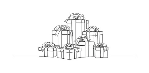 Naklejka premium Festive Presents. Minimalistic one-line drawing group of gifts with bows and ribbons, continuous single black line on white background, simple outline style,