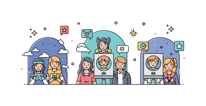 Group cosplay photo booth concept where cosplayers pose in front of themed backgrounds while small sparkle and star icons highlight creativity, expression, and