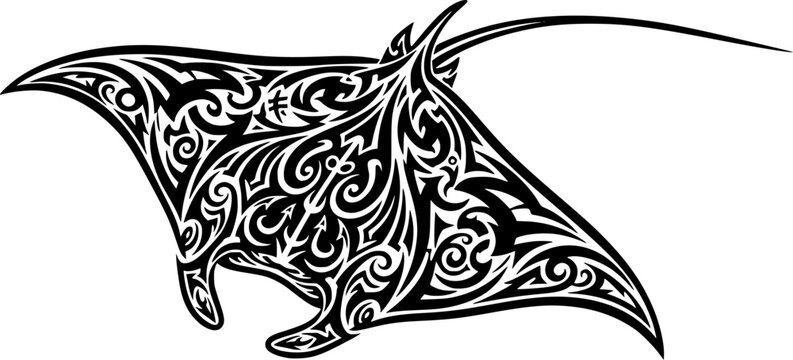Tribal Manta Ray EPS Black Outline Vector Illustration
