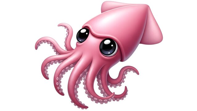 A cute pink squid with big eyes on transparent background