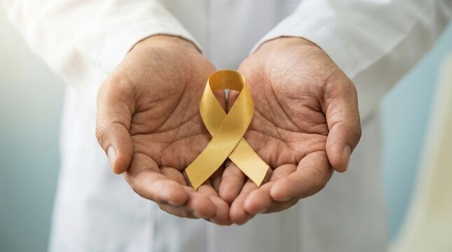 Gold ribbon childhood cancer doctor hands awareness medical healthcare professional holding a symbolic gold ribbon to support pediatric cancer awareness and treatment hope.