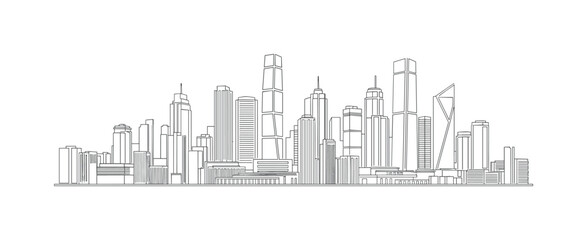 Fototapeta premium Modern City. Minimalistic one-line drawing skyscrapers and office buildings forming skyline, continuous single black line on white background, simple outline