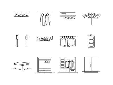 Bedroom Closet Interior Layout. Minimalistic set one-line drawing closet rod with hangers, long coats hanging, shelf and rod combo, corner closet rod, wardrobe