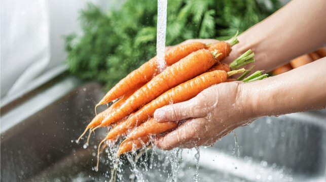 Woman hands washing fresh raw organic carrot under running tap water in kitchen sink. Preparation of healthy food ingredient for cooking. Culinary process of cleaning vegetable produce.