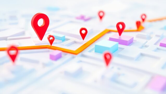 A visually appealing 3D map graphic with a winding orange route and multiple red location markers, set against a blurred background of pastel-colored blocks and white lines, conveying a sense of