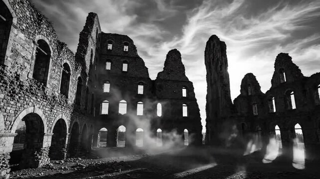 Dramatic Black and White Shot of Decayed Stone Ruins with Dust and Dramatic Sky in the Background