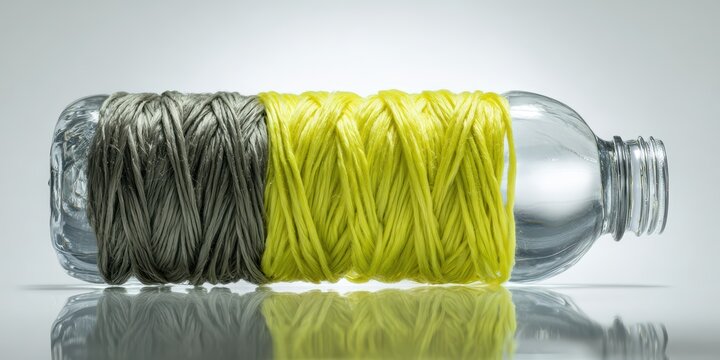 Plastic bottle transformed into fiber yarn on white background, highlighting PCR plastic to textile concept. Sustainable material conversion, circular economy and innovative manufacturing process.