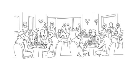 Obraz premium Wedding Reception. Minimalistic one-line drawing guests enjoying food, drinks, and conversation in formal attire, continuous single black line on white