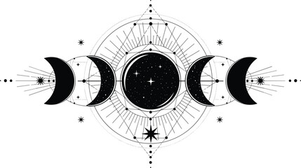 Moon Phases Sacred Geometry Illustration with Crescent Moon, Stars and Mystical Symbols Boho Astrology Vector Illustration for Spiritual Design © Priyanka