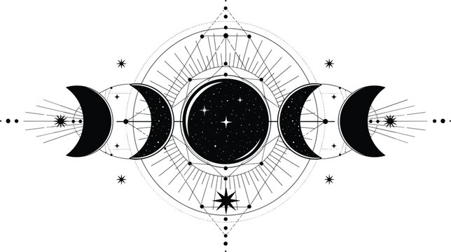 Moon Phases Sacred Geometry Illustration with Crescent Moon, Stars and Mystical Symbols Boho Astrology Vector Illustration for Spiritual Design