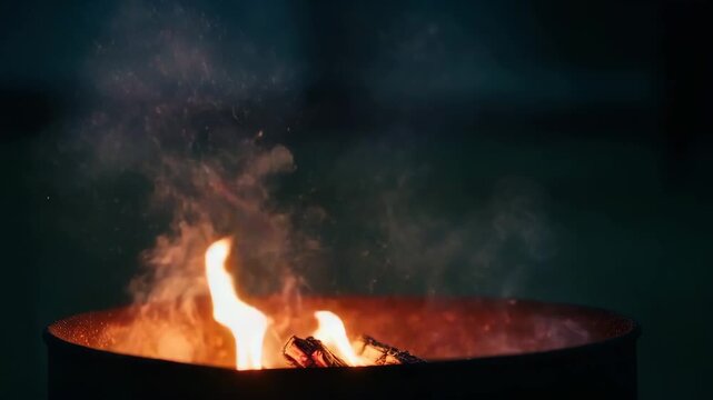 Outdoor fire burning in a metal drum with smoke at nighttime  