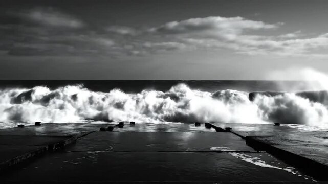 Dramatic black and white video of ocean waves crashing onto a concrete pier on a cloudy day