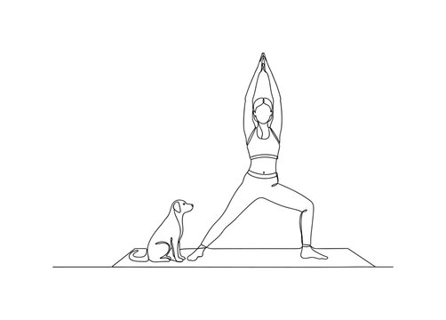 Furry Friend Yoga. Minimalistic one-line drawing person in warrior or tree pose with pet on mat, continuous single black line on white background, simple