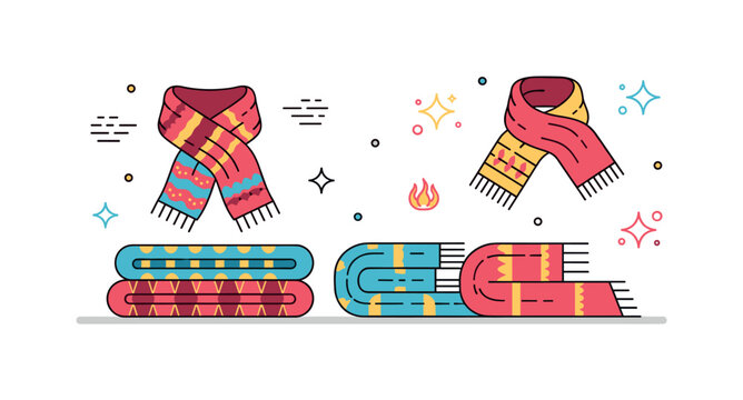 Scarves and shawls cozy fashion scene where a collection of colorful scarves and shawls drapes over a chair while small sparkle and line icons emphasize style,