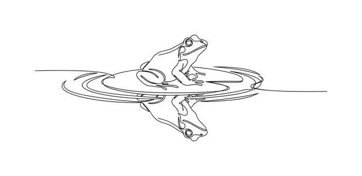 Water Reflection Frog. Minimalistic one-line drawing frog on lily pad with gentle ripples, continuous single black line on white background, simple outline
