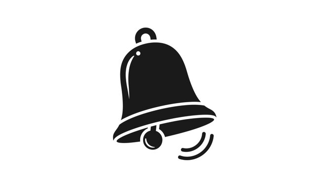 Black silhouette icon of a ringing bell with sound waves, symbolizing an alert, notification, or alarm, on an isolated white background.