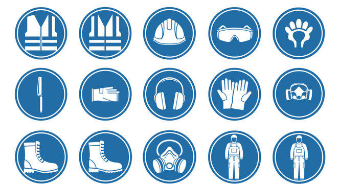 Set of blue circular mandatory personal protective equipment safety signs on isolated white background