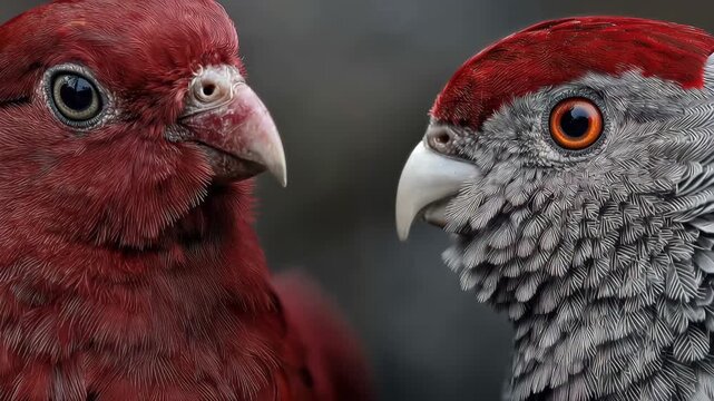 Two contrasting birds face each other in a close-up view revealing details of their features and colors