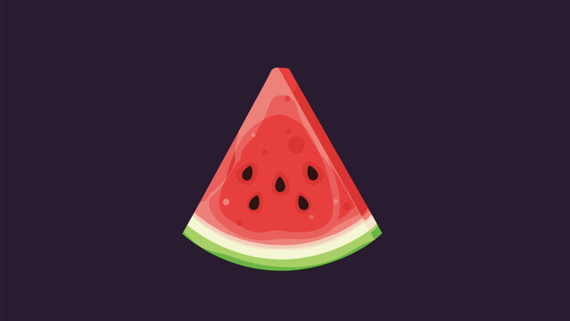 Bright red slice of juicy watermelon with dark seeds and a green rind presented in a flat vector style against a dark purple background.