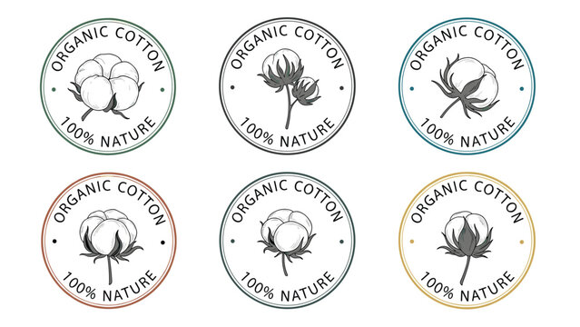 Collection of six circular botanical labels for organic cotton featuring different sketches of cotton bolls and varying border colors.