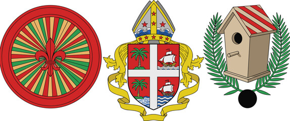 Heraldic Emblems and Decorative Symbols Collection Featuring Fleur De Lis Circular Badge, Royal Coat of Arms Shield, and Birdhouse Icon Illustration Set © MdEmdadul