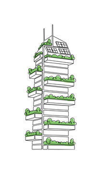 Eco-Friendly Skyscraper. Minimalistic one-line drawing skyscraper with green terraces and solar panels, continuous single black line on white background,