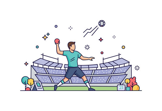 Throwing a ball professional sports throw concept where an athlete throws a ball in a stadium while tiny sparkle and star icons highlight power, skill, and