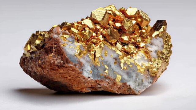 Shiny gold nugget rests on clean white background showcasing detail and texture of precious metal in close view