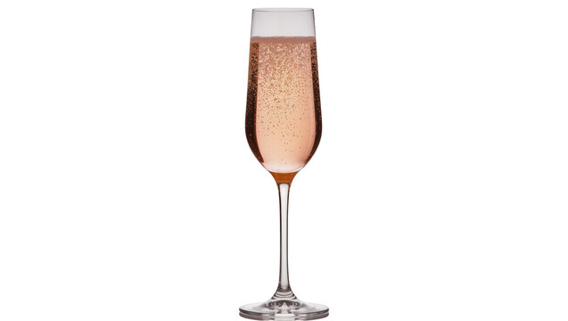 Elegant tall flute glass filled with sparkling ros&eacute; champagne effervescent bubbles rising, isolated on transparent background for celebratory events