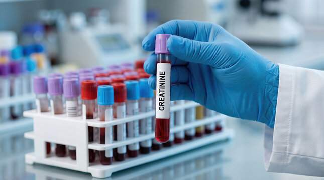 Laboratory technician in blue gloves holds a blood sample labeled creatinine, with a rack of test tubes filled with various blood samples in the background
